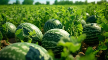 Mature Big Watermelons In The Watermelon Field, Background Blurry. Generative AI