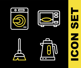 Poster - Set line Microwave oven, Electric kettle, Handle broom and Washer icon. Vector