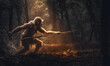 Photo of Neanderthal (archaic human) hunting in a dense, prehistoric forest. The powerful figure is captured mid-stride, brandishing a spear with expert precision. Generative AI
