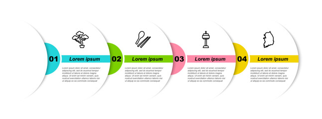 Poster - Set line Bonsai tree, Food chopsticks, N Seoul tower in South Korea and map. Business infographic template. Vector