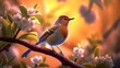 Delightfully beautiful nightingale bird on a flowering tree in spring