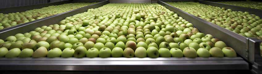 Green apples in a food processing facility, clean and fresh, ready for automated packing. Concept for a healthy food company with automated manufacturing of fruits. Generative AI