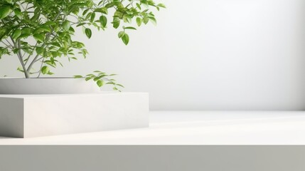 Light minimal geometric background with pedestal. Mockup for natural product presentation. Branches of fresh greenery on white wall