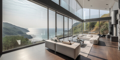 Living room with panoramic windows and sea view, Modern house design. generated ai