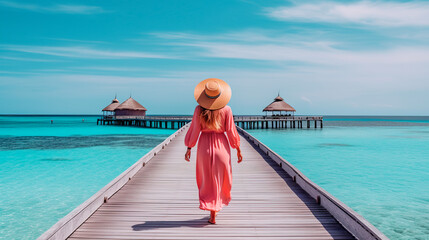 Woman in pink on a tropical beach jetty. Generative AI