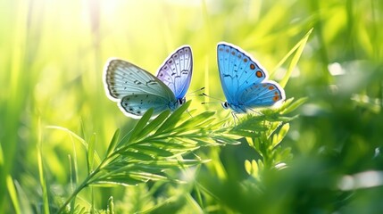 Two blue butterflies Polyommatus icarus in nature outdoors. Butterflies on a spring summer meadow in sunlight in lush grass, macro