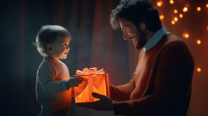 happy father holding a gift box and looking into his child's eyes. AI