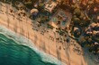 © sandsun - From above, a breathtaking aerial view revealed a pristine luxury beach resort. Sparkling turquoise waters embraced powdery white sands, surrounded by palm trees and villas. Generative AI