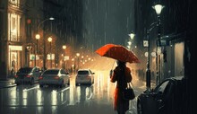 Woman With Red Umbrella Crossing The Street, Rainy Night, Illustration, Generative AI