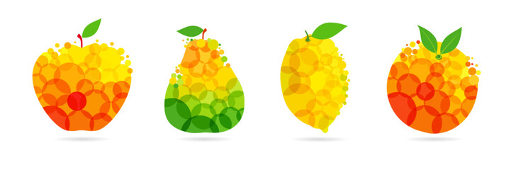 Apple, pear, lemon and peach set of abstract colorful fruits design. Creative concept icons of mango, pear, lemon, orange for label of fresh juice or lemonade. Vector illustration