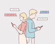© autumnn - Smartphone Addiction. Serious man and woman standing back to back and using their smart phones. Hand drawn style vector design illustrations.