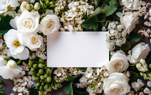 A Blank White Card Or Invitation Surrounded By Beautiful White Flowers, Summer Flowers And Bright Colors. Copy Space, Greeting Card. Shallow Depth Of Field, Illustrative Generative AI.