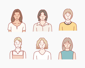 Wall Mural - Female diverse faces, different ethnicity and hairstyle. Hand drawn style vector design illustrations.