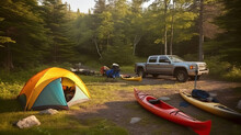 A Wilderness Campsite With A Pickup Truck, With Colorful Kayaks, And A Pitched Tent In The Woods. Generative AI