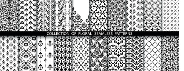 Geometric floral set of seamless patterns. White and black vector backgrounds. Damask graphic ornaments.