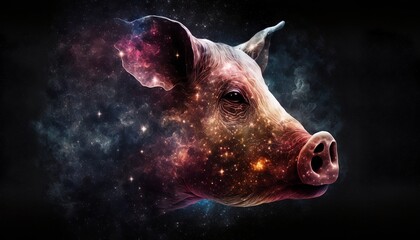 a pig's head with a galaxy background