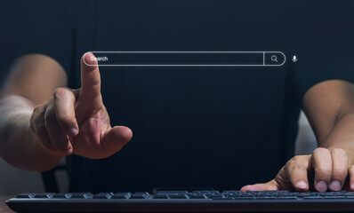 data search technology search engine optimization concept. human hands are using computer keyboard t
