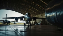 American Military Bomber Aircraft With Bombs Parked In Airport Base Hangar Ready For Flight Attack. Generative AI