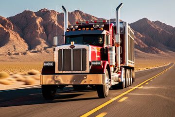 Wall Mural - a big rig truck driving down the road with mountains in the background and yellow lines on the side of the road. Generative Ai