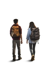 Poster - A couple of people with backpacks walking together. Generative AI.