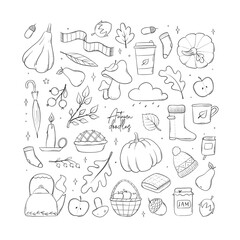 Wall Mural - set of monochrome sketched Autumn dodoles, clip art, cartoon elements for stickers, prints, cards, coloring pages, sublimation, planners, etc. EPS 10