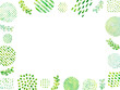 水彩風の緑の植物と抽象的な模様の円の飾りフレーム