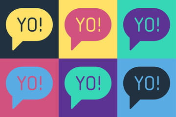Pop art Yo slang lettering icon isolated on color background. Greeting words. Vector