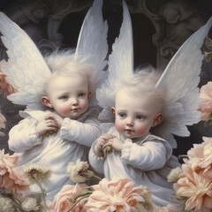 Two cute babies fairies in flowers created with Generative AI technology