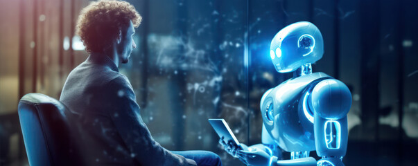 a man sitting in front of a robot holding a laptop /tablet / computer. artificial intelligence chatb