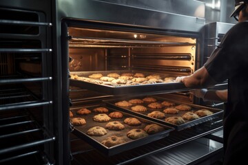 Wall Mural - person, baking delicious treats in commercial oven, with tantalizing smells filling the air, created with generative ai