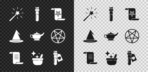 Wall Mural - Set Magic wand, Bottle with potion, Ancient magic book, Witch cauldron, love, hat and lamp or Aladdin icon. Vector