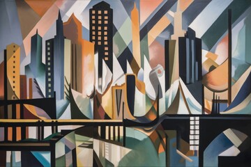 Poster - cubist painting of cityscape, with skyscrapers and bridges visible, created with generative ai