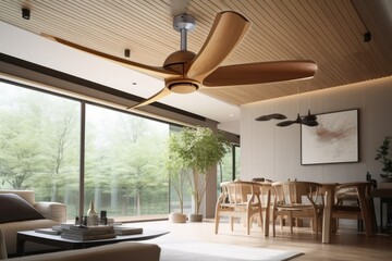 Sticker - eco-friendly fan with natural wooden blades in open airy room, created with generative ai