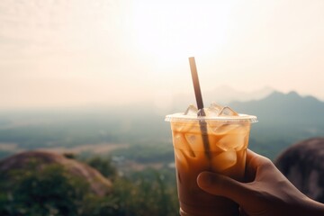 Canvas Print - person, enjoying iced coffee break, with view of the sunny outdoors, created with generative ai