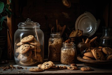 Wall Mural - cookie jar overflowing with cookies and biscotti in rustic setting, created with generative ai