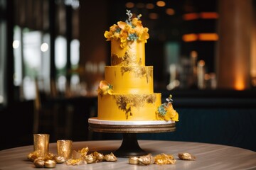 Sticker - three-tier cake with bright yellow and gold accents, created with generative ai