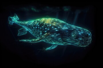 Canvas Print - deep-sea creature swimming through bioluminescent seascape, its shimmering scales shining in the darkness, created with generative ai