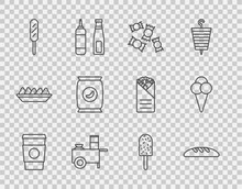 Set Line Coffee Cup To Go, Bread Loaf, Candy, Fast Street Food Cart, Corn Dog, Bag Packet Potato Chips, Ice Cream And In Waffle Cone Icon. Vector