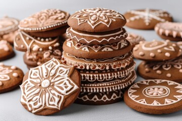 Sticker - stack of gingerbread cookies, each one decorated with different icing designs, created with generative ai