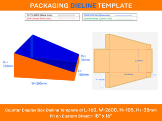 Cardboard counter display box dieline template for cosmetics, cards L 160xW 260xH1 105xH2 35mm