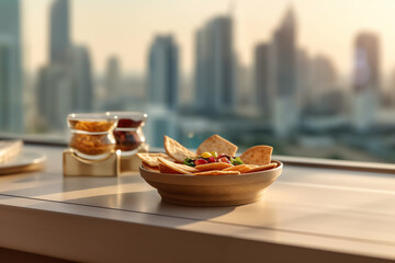 delicious Emirati harees, dubay city in background. generative AI