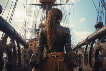 Wall Mural - Pirate woman captain aboard pirate ship. Generate Ai