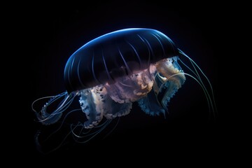 Canvas Print - deep-sea jellyfish drifting along in the darkness, with its bioluminescent tentacles glowing, created with generative ai