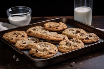 Sticker - tray of classic chocolate chip cookies, with glass of milk on the side, created with generative ai