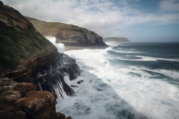 Wall Mural - majestic coast, with towering cliffs and crashing waves against the shore, created with generative ai