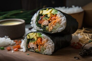 Sticker - sushi burrito, with fusion of japanese and mexican flavors, created with generative ai