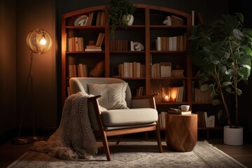 Sticker - cozy reading nook with armchair, bookshelf, and good lighting, created with generative ai