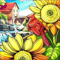 Wall Mural - Illustration of a cardinal bird with sunflower field and house