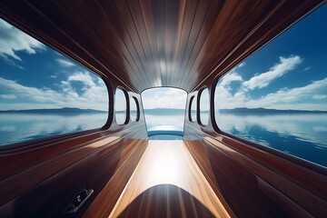 View from the rail of a luxury speed boat over vast ocean view, generative ai