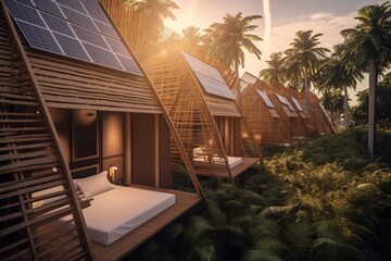 Wall Mural - eco-friendly hotel with solar panels and recycled materials in the rooms, created with generative ai